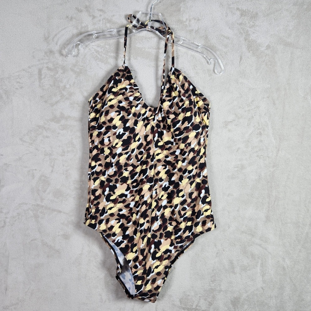 Salt Cove Womens XL Animal Print Halter One Piece Swimsuit Neutral Resort Beach‎